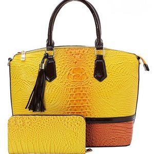 Croc embossed Colorblock Handbag Yellow and Orange